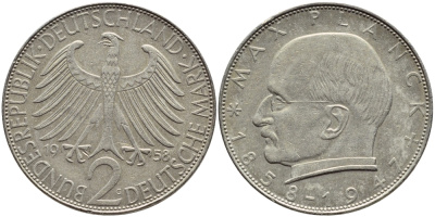 ФРГ 2 марки 1958 G, Макс Планк KM 116, J. 392 медно-никель плакированный никелем 85-617