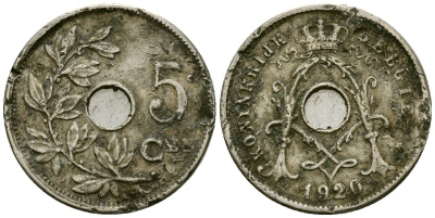 Бельгия 5 сантимов 1920 Belgie KM 67 медно-никель 4173-225