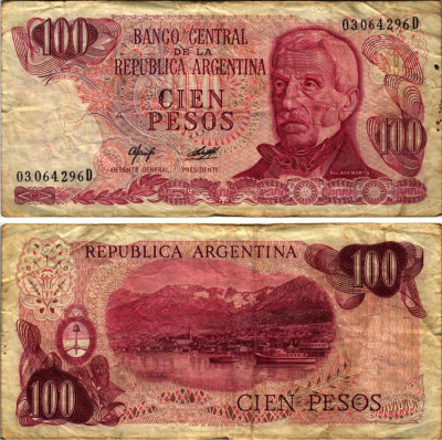 Аргентина 100 песо 1977 генерал Хосе де Сан-Мартин, серия D 03064 Pick 302а бумага 7221-6-3-1