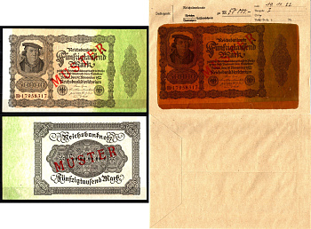Германия 50000 марок 1922 19 ноября, MUSTER, образец, Specimen. В оригинальном банковском конверте. Из коллекции Отто Сейфферта (помощник Ялмара Шахта - министра экономики Германии и президента Рейхсбанка времен третьего рейха) Pick 79 s, Grabowski DEU 90