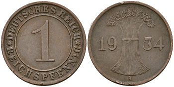 Германия 1 рейхспфенниг 1934 A KM 37, J. 313 бронза 4189-1252