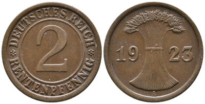 ГЕРМАНИЯ 2 РЕНТЕНПФЕННИГА 1923 A KM 31, J. 307 бронза 24-437