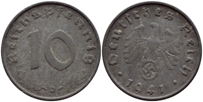 ГЕРМАНИЯ 10 РЕЙХСПФЕННИГОВ 1941 D КМ 101 J.371 цинк 4391-937