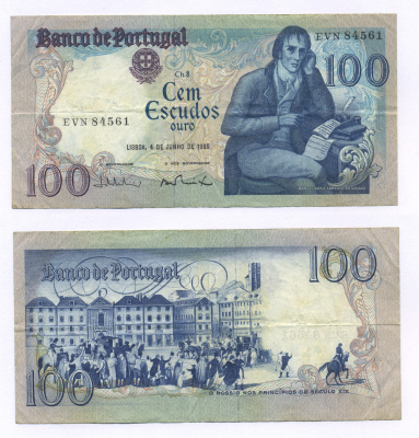 Португалия 100 эскудо 1985 Мануэл Мария Барбоза ду Бокаже, площадь Росиу в Лиссабоне до XIX века, 4 июня 1985 Pick 178e бумага 7205-30-1