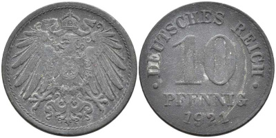 ГЕРМАНИЯ 10 ПФЕННИГОВ 1921 KM 26, J. 299 цинк 4401-154