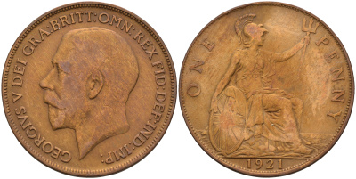 Великобритания 1 пенни 1921 Георг V (1910-1936) KM 810, Spink 4051 бронза 4593-214