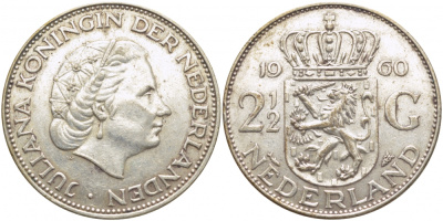 Нидерланды 2 1/2 гульдена 1960 Юлиана (1948-1980) KM 185 серебро 114-525