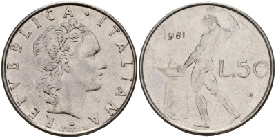 Италия 50 лир 1981 R, бог Вулкан у наковальни KM 95.1 нержавеющая сталь 4156-742