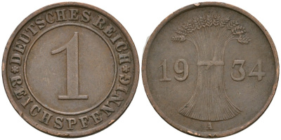 Германия 1 рейхспфенниг 1934 A KM 37, J. 313 бронза 4189-1252