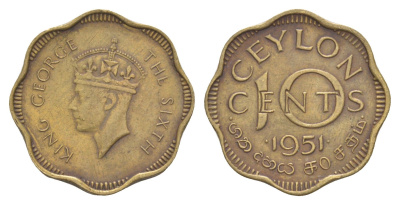Цейлон 10 центов 1951 KM 121 никель латунь 4650-851