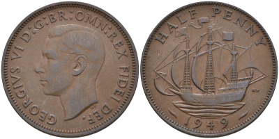 Великобритания 1/2 пенни 1949 Георг VI (1936-1952) KM 868, Spink 4118 бронза 4592-335
