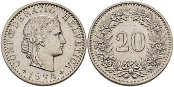 Швейцария 20 раппенов 1974 KM 29а медно-никель 67-714