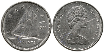 КАНАДА 10 ЦЕНТОВ 1971 ЕЛИЗАВЕТА II (1952-), ПАРУСНИК, ВТОРОЙ ПОРТРЕТ В КОРОНЕ KM 77.1 никель 4532-814
