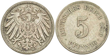 ГЕРМАНИЯ 5 ПФЕННИГОВ 1900 A KM 11, J. 12, Weege 6 медно-никель 206-927