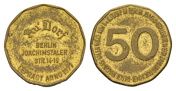 Германия жетое для проезда на трассу в 50 пфеннигов "berlin joachimsthaler" диаметр 23 мм, вес 8,1 гр латунь 4656-417