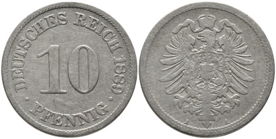ГЕРМАНИЯ 10 ПФЕННИГОВ 1889 А, СТАРОГЕРБОВКА KM 4, J.4 медно-никель 96-627