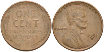 США 1 ЦЕНТ 1951 D, ЛИНКОЛЬН KM А132 медь цинк 218-559