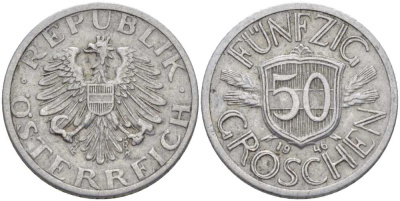 Австрия 50 грошей 1946 первый год KM 2870 алюминий 4402-254