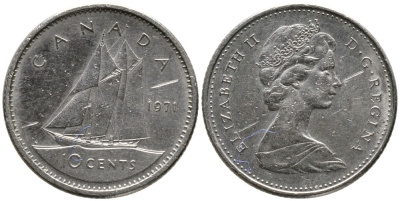 КАНАДА 10 ЦЕНТОВ 1971 ЕЛИЗАВЕТА II (1952-), ПАРУСНИК, ВТОРОЙ ПОРТРЕТ В КОРОНЕ KM 77.1 никель 4532-814