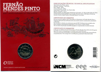 Португалия 2 евро 2011 500 лет со дня рождения Фернана Мендеса Пинто, запайка, картонный буклет KM 804 биметалл BUNC 3-4-8-44