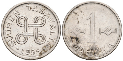 ФИНЛЯНДИЯ 1 МАРКА 1955 KM 38а железо плакированное никелем 192-1212