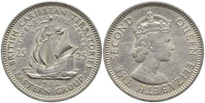 Британские Восточно-Карибские территории 25 центов 1964 Елизавета II (1952-2022), парусник KM 6 медно-никель 83-1253