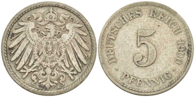ГЕРМАНИЯ 5 ПФЕННИГОВ 1900 A KM 11, J. 12, Weege 6 медно-никель 206-927