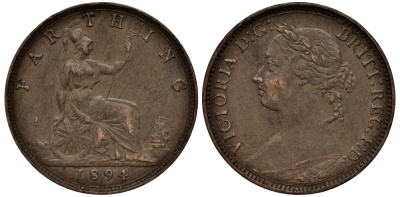 Великобритания 1 фартинг 1894 Виктория (1837-1901) KM 753, Spink 3958 бронза 1525-243