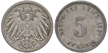 Германия 5 пфеннигов 1897 D, KM 11, J. 12 медно-никель 53-266