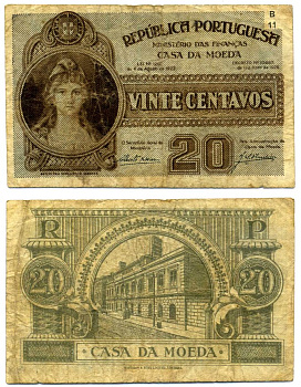 Португалия 20 сентаво   1922/1925 CASA DE MOEDA, Ватерлоо, Лондон, серия B11 Pick 102  бумага  VF 6280-69-3-2