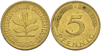 ФРГ 5 ПФЕННИГОВ 1980 D KM 107, J. 382 сталь плакированная латунью UNC 75-512