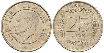 Турция 25 курушей 2020 KM 1242 медно-никель 4546-727