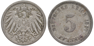 Германия 5 пфеннигов 1897 D, KM 11, J. 12 медно-никель 53-266