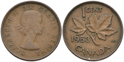 Канада 1 цент 1953 Елизавета II, кленовый лист KM 49 бронза    4115-743