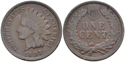 США 1 цент 1907 индеец, Indian head KM 90a бронза    4124-712