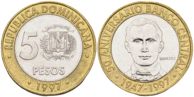Доминиканская республика 5 песо 1997 50 лет центральному банку KM 88 биметалл    4595-712