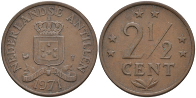 Нидерландские Антилы 2 1/2 цента 1971 Юлиана (1948-1980) KM 9 бронза 4595-413