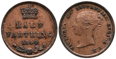 Великобритания 1/2 фартинга 1844 Виктория (1837-1901) KM 738, Spink 3951 медь  1518-1022