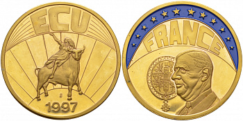 ЕВРОПА МЕДАЛЬ 1997 ЭКЮ, ФРАНЦИЯ, ЭМАЛЬ, диаметр 40 мм., вес 33,5 гр. медно-никель PROOF 1088-6-51