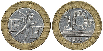 Франция 10 франков 1990 тип Гений Бастилии KM 964.1, Le Frank 375.5 биметалл 4128-517