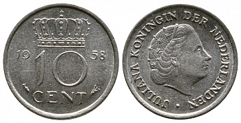 НИДЕРЛАНДЫ 10 ЦЕНТОВ 1958 ЮЛИАНА KM 182 никель 261-621