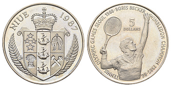 Ниуэ 5 долларов 1987 XXIV летние Олимпийские Игры, Сеул 1988 - Теннис, Борис Беккер, с сертификатом KM 1 медно-никель BU 11-167-25