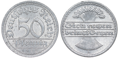Германия 50 пфеннигов 1922 A KM 27, J. 301 алюминий aUNC 4114-1146