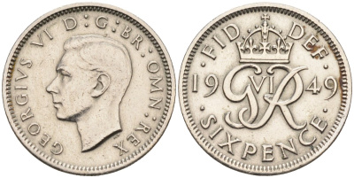 Великобритания 6 пенсов 1949 Георг VI (1936-1952) KM 875, Spink 4110 медно-никель 4585-228