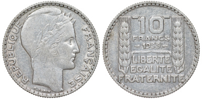 Франция 10 франков 1933 Пьер Тюрен KM 878, Le Franc 360.6 серебро 4178-936