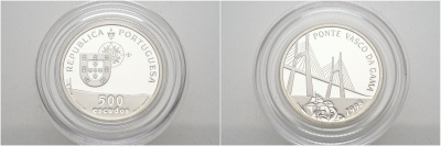 Португалия 500 эскудо 1998 мост Васко да Гама, оригинальная коробка, сертификат KM 750 серебро PROOF 3-4-10-7