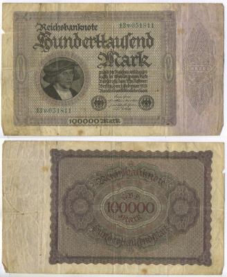 ГЕРМАНИЯ 100000 МАРОК 1923 1 ФЕВРАЛЯ 1923, БЕЗ Т ПОД ПОРТРЕТОМ Pick 83a бумага 7205-14-2