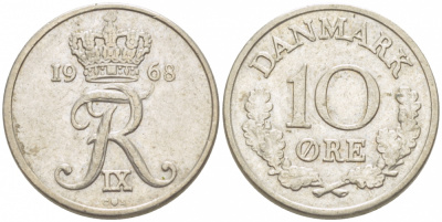 ДАНИЯ 10 ЭРЕ 1968 ФРИДЕРИК IX КМ 849.1 медно-никель 3309-154