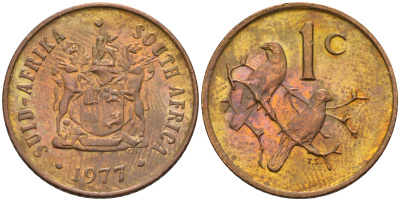 ЮАР 1 цент 1977 герб, капские воробьи KM 82 бронза  UNC 4115-165