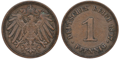 Германия 1 пфенниг 1897 A KM 10, J. 10, Weege 2 медь 45-415